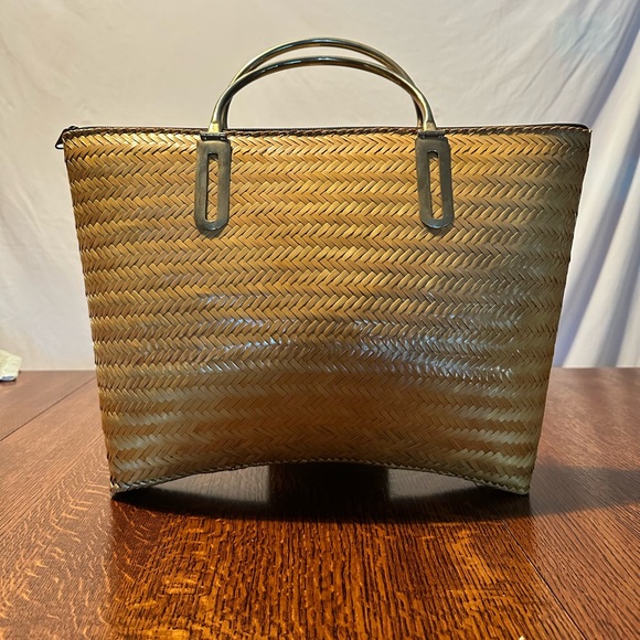 Handbags - Gold Handle Woven Wicker Envelope Tote Purse